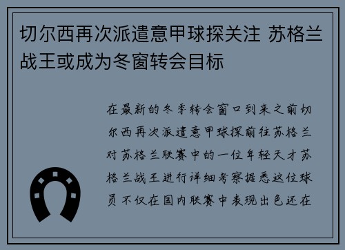 切尔西再次派遣意甲球探关注 苏格兰战王或成为冬窗转会目标