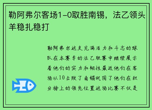 勒阿弗尔客场1-0取胜南锡，法乙领头羊稳扎稳打