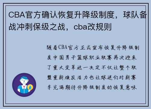CBA官方确认恢复升降级制度，球队备战冲刺保级之战，cba改规则