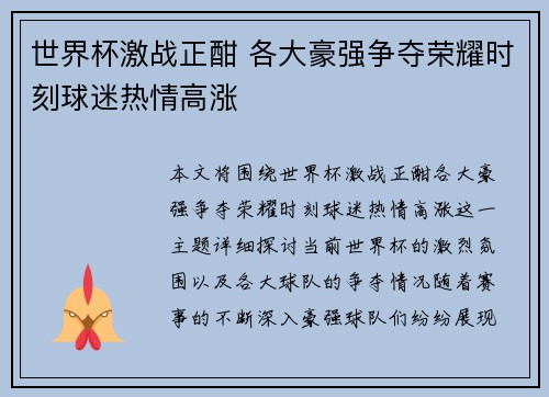 世界杯激战正酣 各大豪强争夺荣耀时刻球迷热情高涨