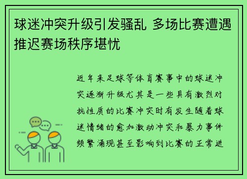 球迷冲突升级引发骚乱 多场比赛遭遇推迟赛场秩序堪忧