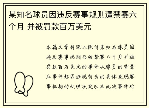 某知名球员因违反赛事规则遭禁赛六个月 并被罚款百万美元