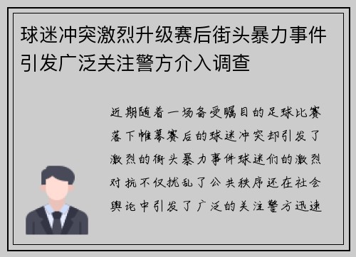 球迷冲突激烈升级赛后街头暴力事件引发广泛关注警方介入调查