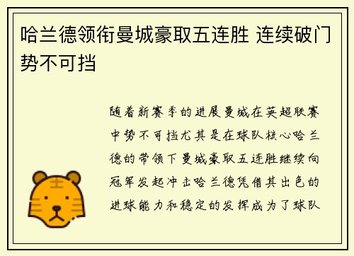 哈兰德领衔曼城豪取五连胜 连续破门势不可挡
