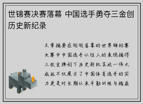 世锦赛决赛落幕 中国选手勇夺三金创历史新纪录